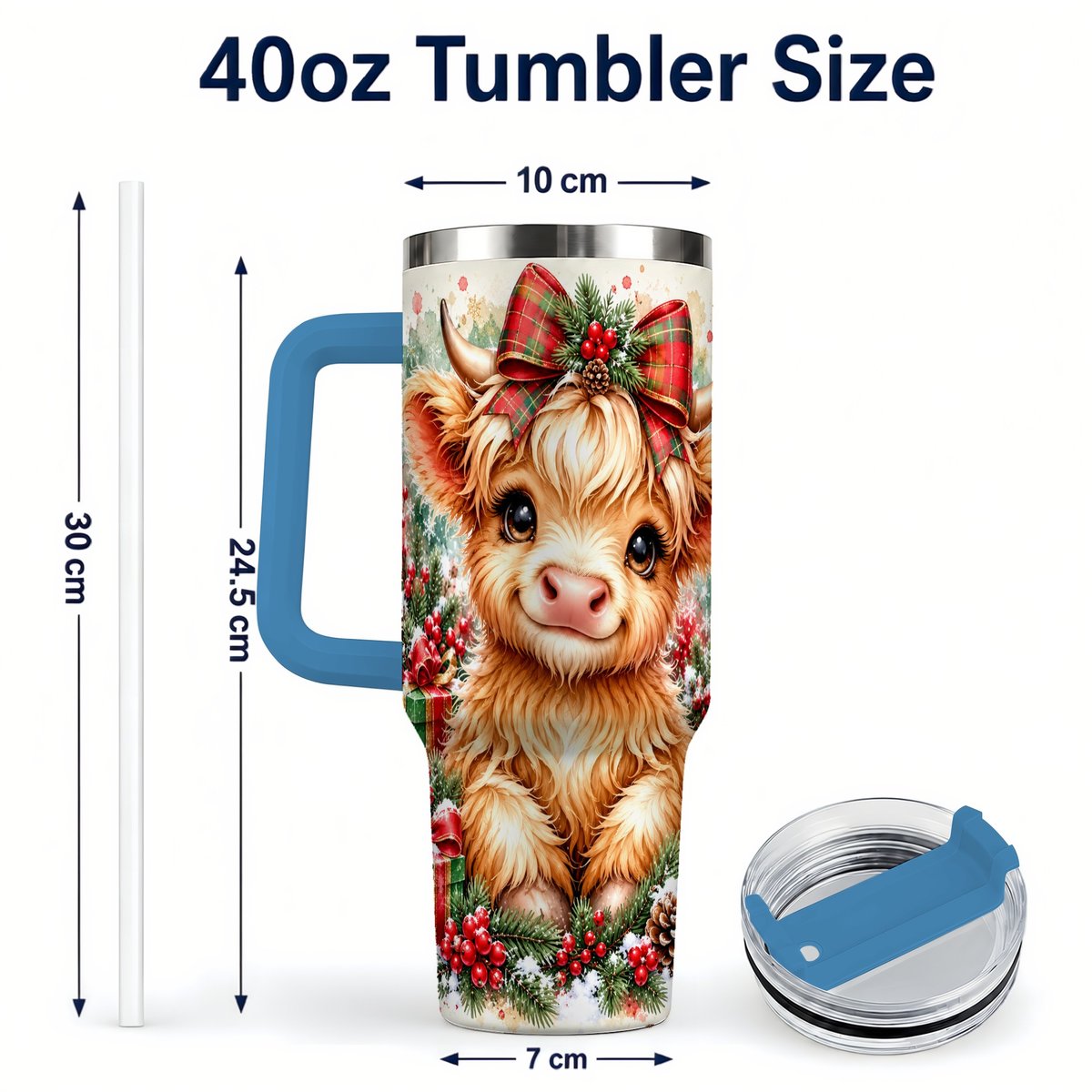 #pl[40oz|Blue] Christmas Highland Cow 40oz Tumbler with Handle, Holiday Travel Cup