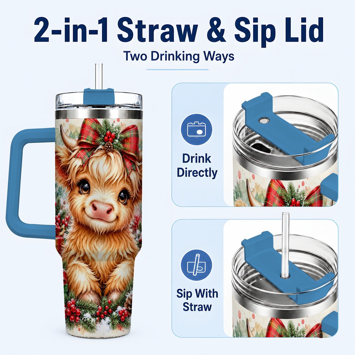 #pl[40oz|Blue] Christmas Highland Cow 40oz Tumbler with Handle, Holiday Travel Cup