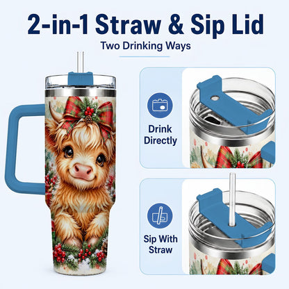 #pl[40oz|Blue] Christmas Highland Cow 40oz Tumbler with Handle, Holiday Travel Cup