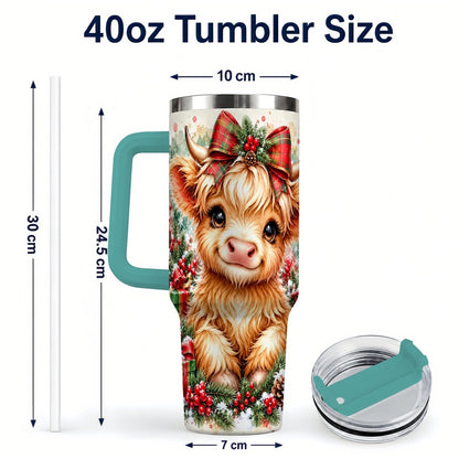 #pl[40oz|Green] Christmas Highland Cow 40oz Tumbler with Handle, Holiday Travel Cup