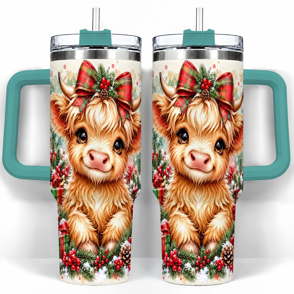 #pl[40oz|Green] Christmas Highland Cow 40oz Tumbler with Handle, Holiday Travel Cup