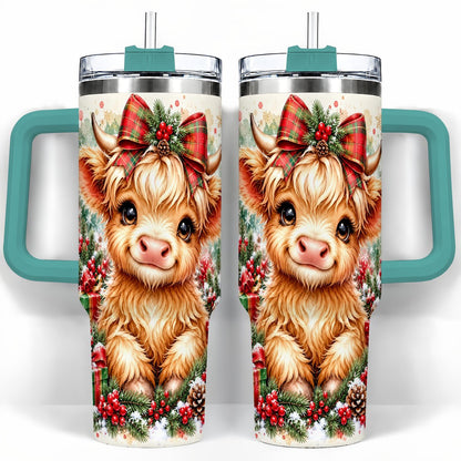 #pl[40oz|Green] Christmas Highland Cow 40oz Tumbler with Handle, Holiday Travel Cup