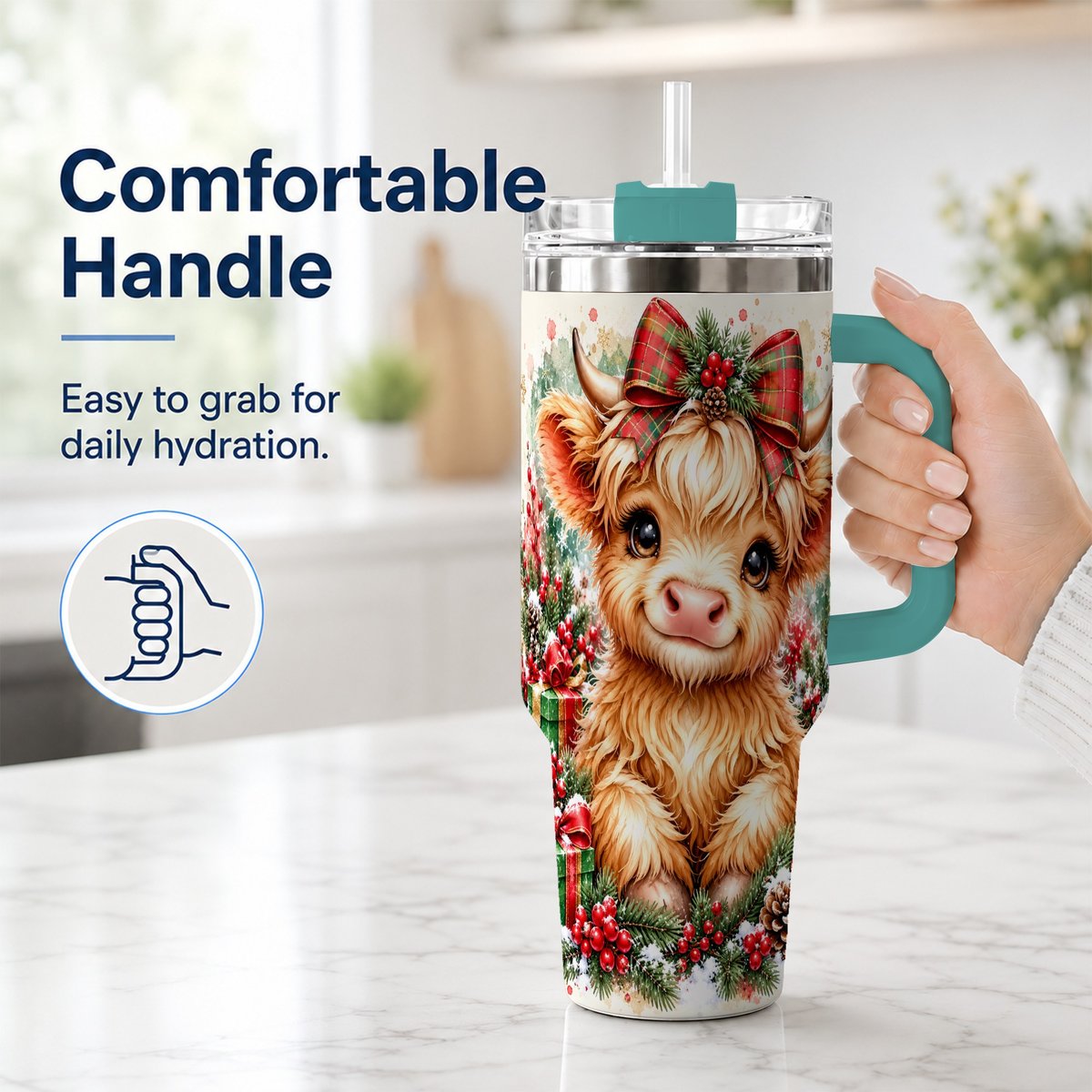 #pl[40oz|Green] Christmas Highland Cow 40oz Tumbler with Handle, Holiday Travel Cup
