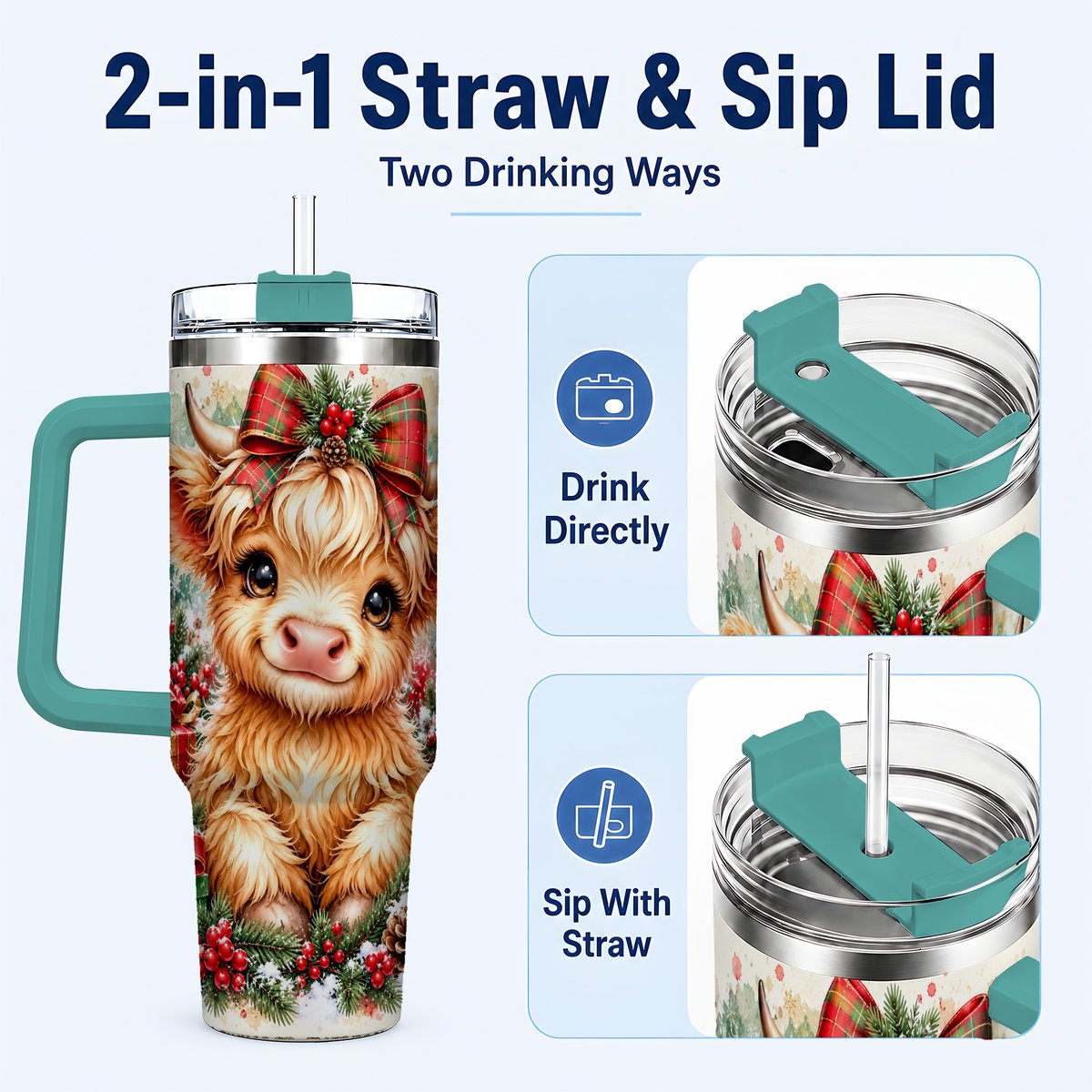 #pl[40oz|Green] Christmas Highland Cow 40oz Tumbler with Handle, Holiday Travel Cup