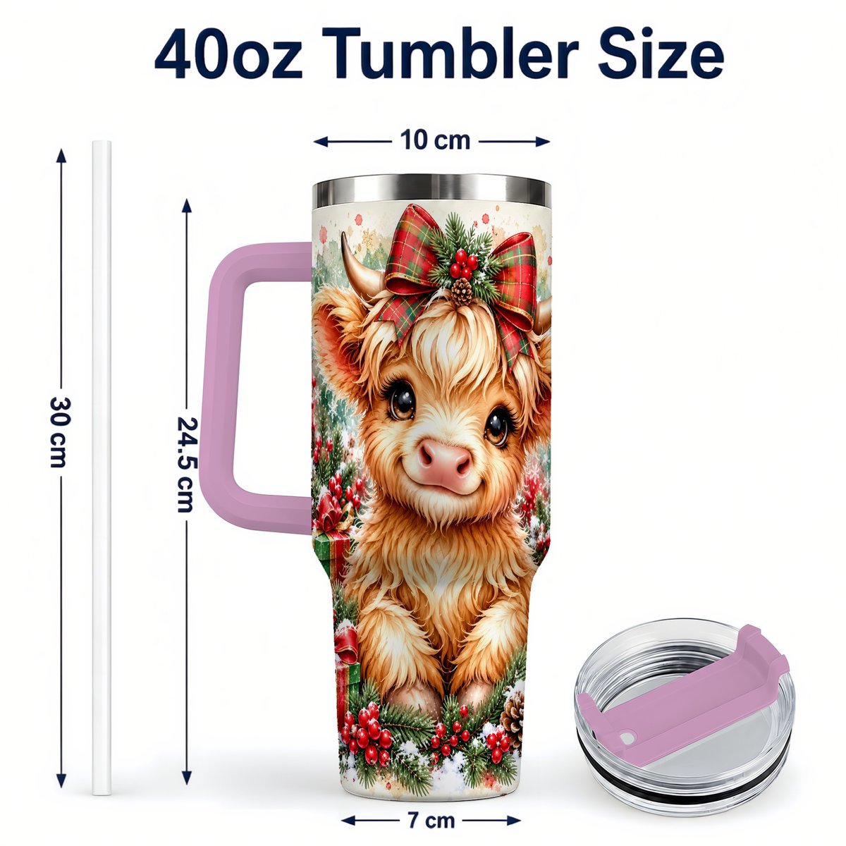 #pl[40oz|Pink] Christmas Highland Cow 40oz Tumbler with Handle, Holiday Travel Cup