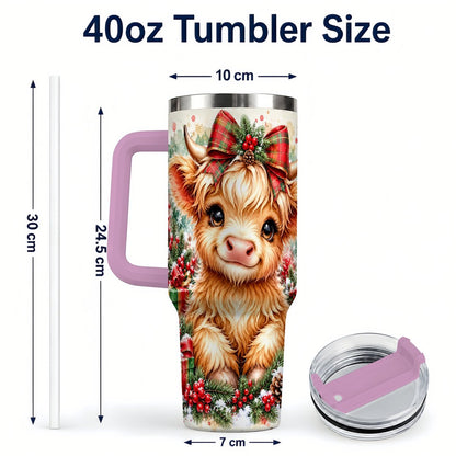 #pl[40oz|Pink] Christmas Highland Cow 40oz Tumbler with Handle, Holiday Travel Cup