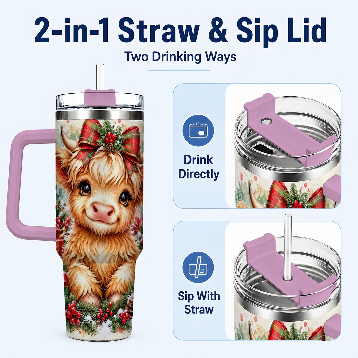 #pl[40oz|Pink] Christmas Highland Cow 40oz Tumbler with Handle, Holiday Travel Cup