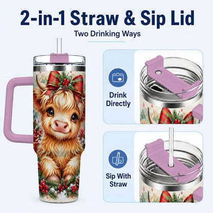 #pl[40oz|Pink] Christmas Highland Cow 40oz Tumbler with Handle, Holiday Travel Cup
