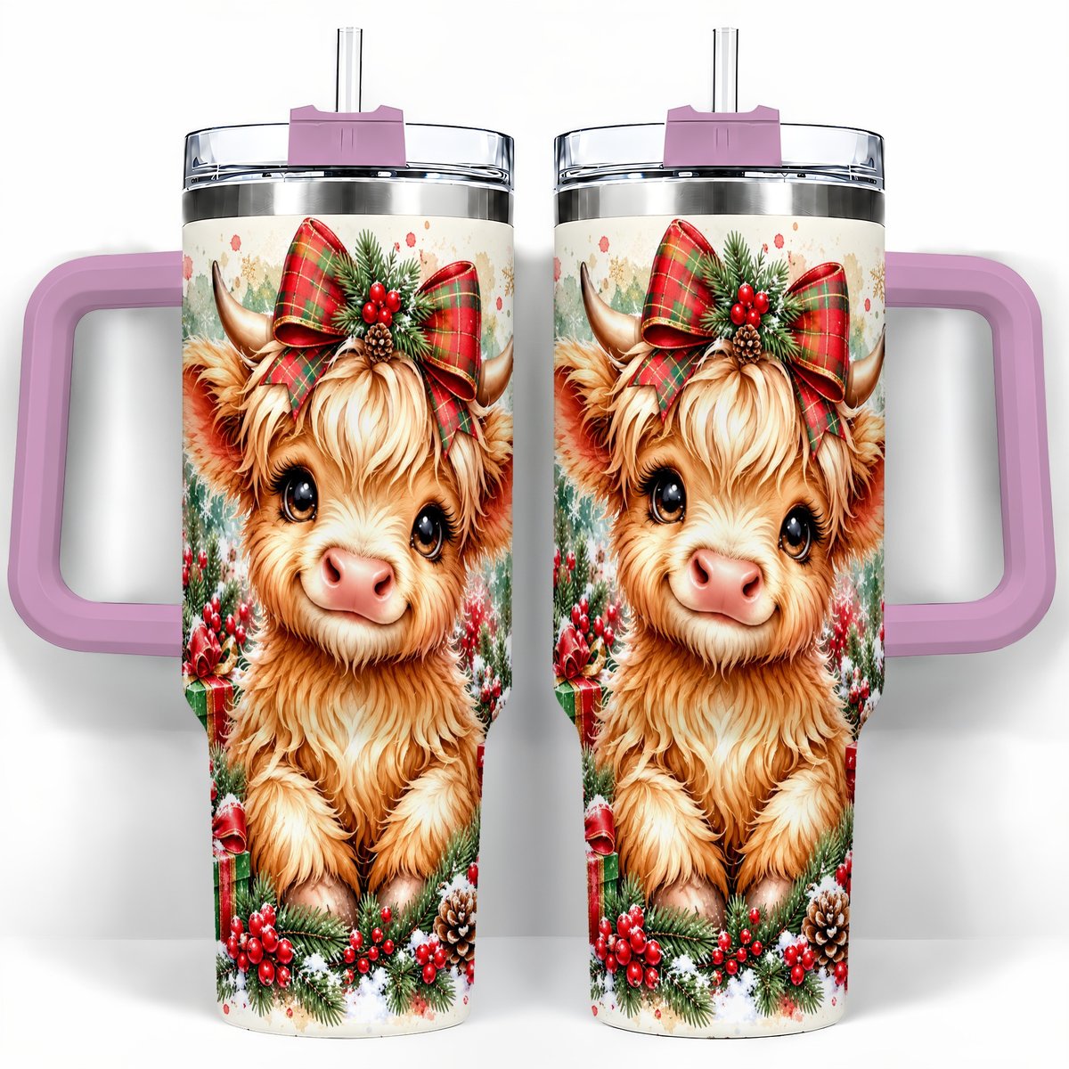 #pl[40oz|Pink] Christmas Highland Cow 40oz Tumbler with Handle, Holiday Travel Cup