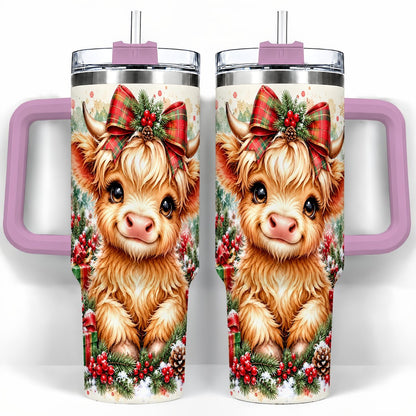#pl[40oz|Pink] Christmas Highland Cow 40oz Tumbler with Handle, Holiday Travel Cup