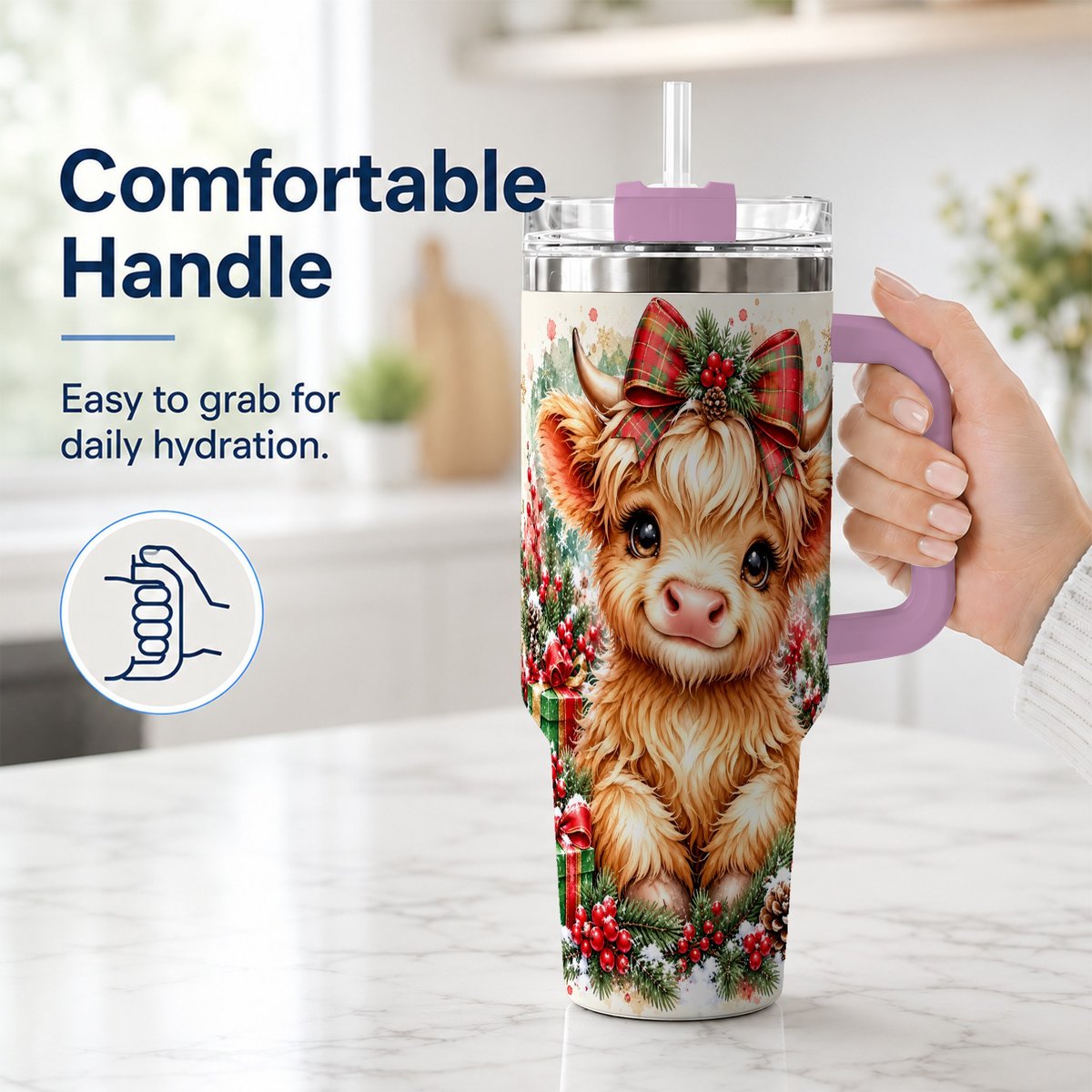 #pl[40oz|Pink] Christmas Highland Cow 40oz Tumbler with Handle, Holiday Travel Cup