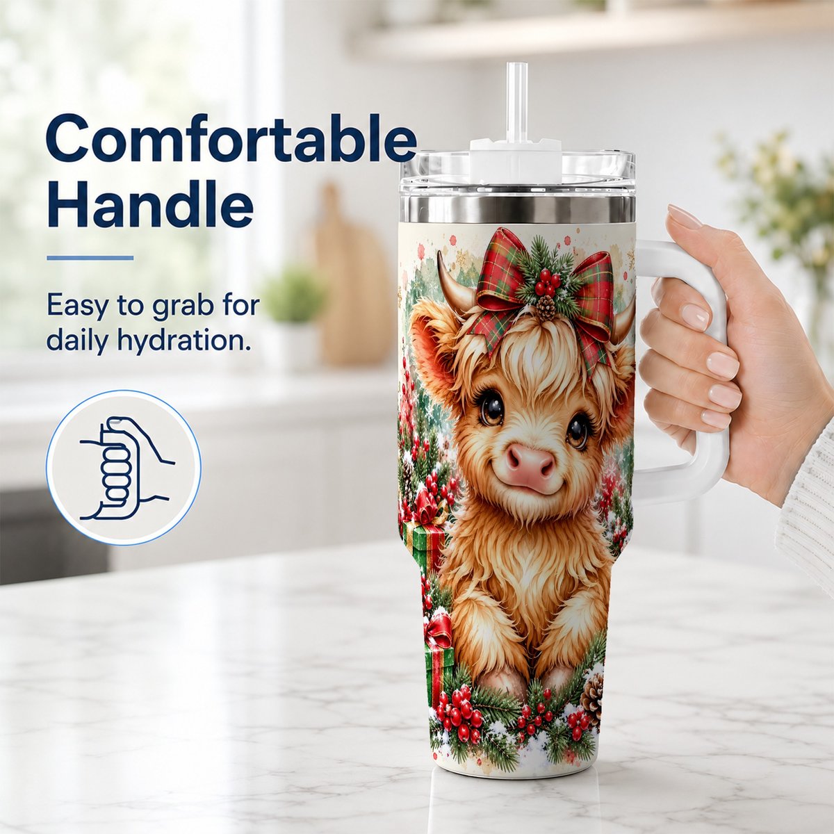 #pl[40oz|White] Christmas Highland Cow 40oz Tumbler with Handle, Holiday Travel Cup