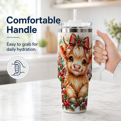 #pl[40oz|White] Christmas Highland Cow 40oz Tumbler with Handle, Holiday Travel Cup