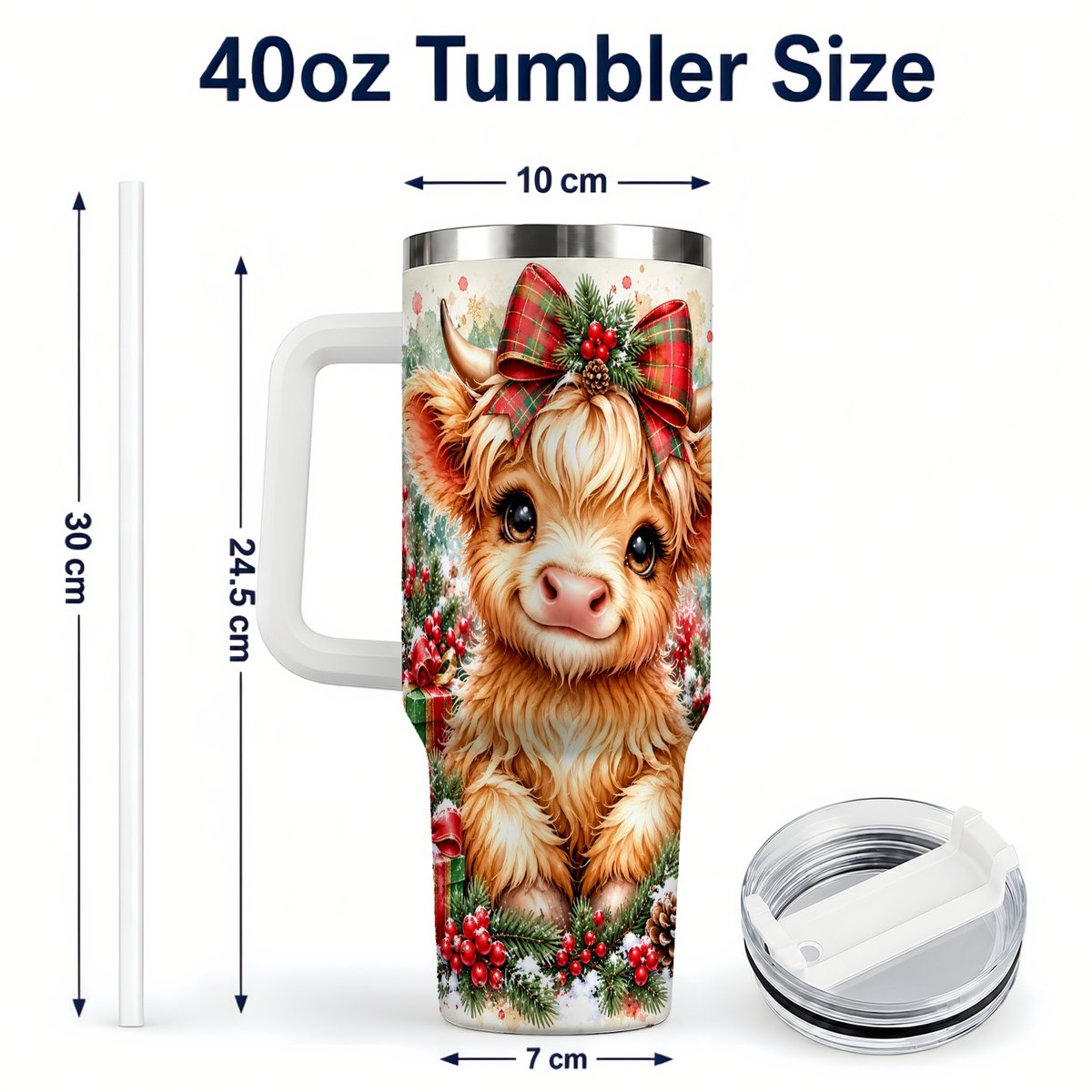 #pl[40oz|White] Christmas Highland Cow 40oz Tumbler with Handle, Holiday Travel Cup