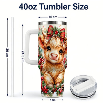 #pl[40oz|White] Christmas Highland Cow 40oz Tumbler with Handle, Holiday Travel Cup