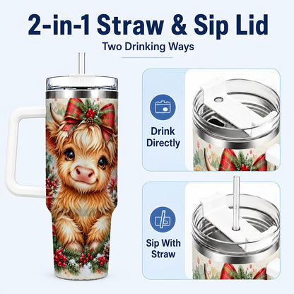#pl[40oz|White] Christmas Highland Cow 40oz Tumbler with Handle, Holiday Travel Cup