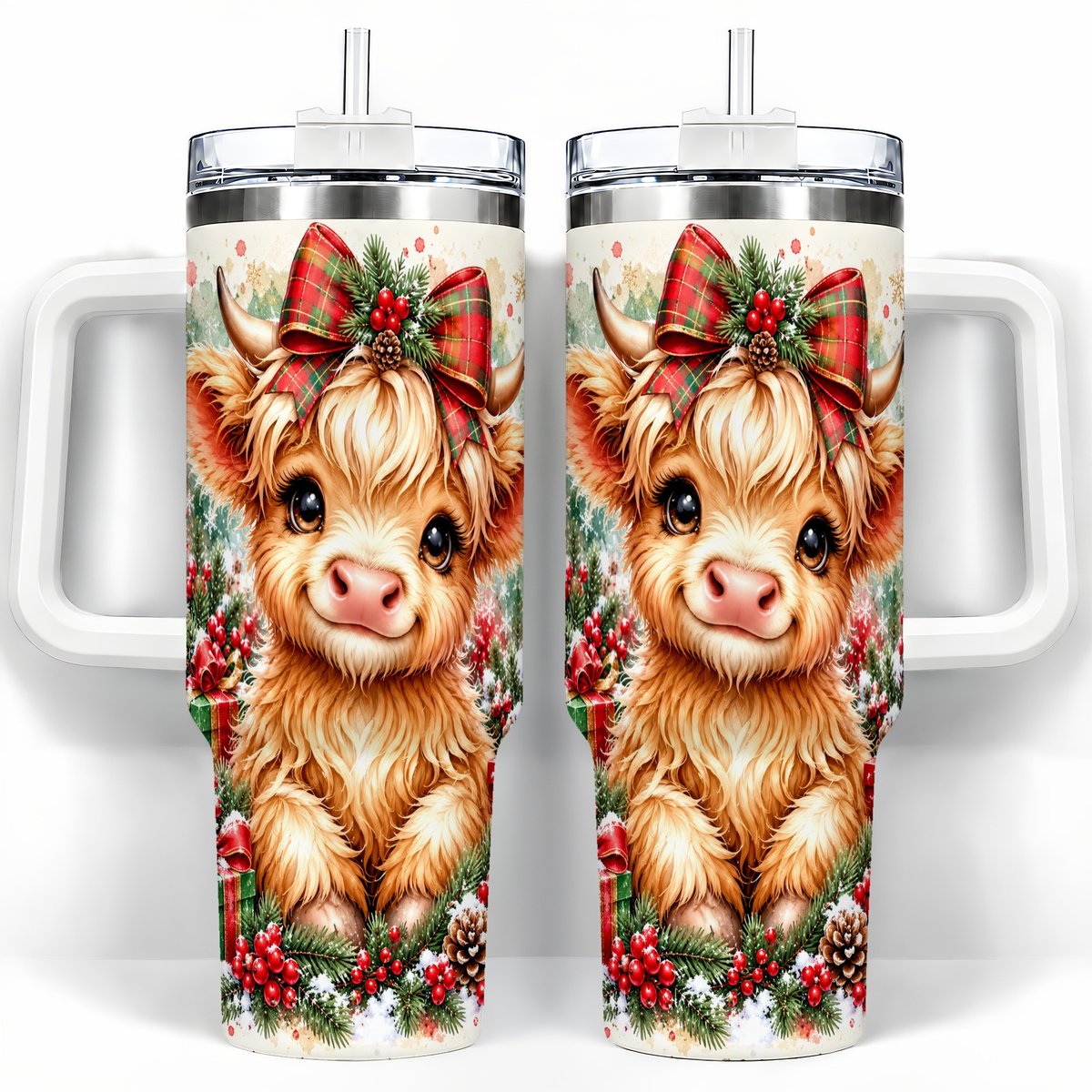 Christmas Highland Cow 40oz Tumbler with Handle, Holiday Travel Cup