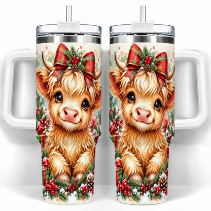 Christmas Highland Cow 40oz Tumbler with Handle, Holiday Travel Cup