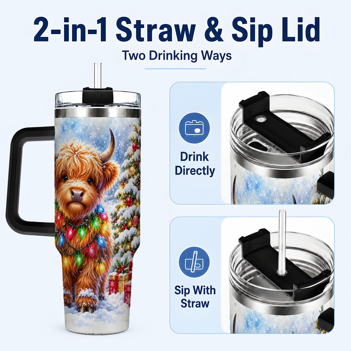 #pl[40oz|Black] Highland Cow Lights 40oz Tumbler with Handle, Christmas Travel Cup