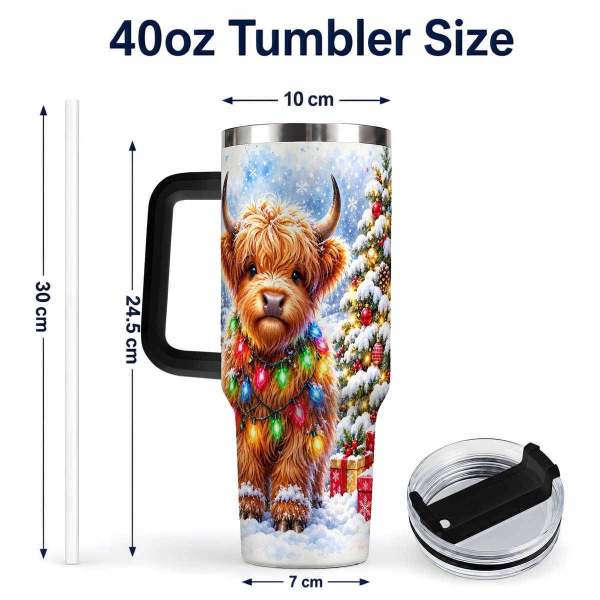 #pl[40oz|Black] Highland Cow Lights 40oz Tumbler with Handle, Christmas Travel Cup