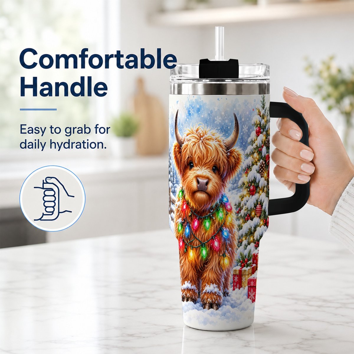 #pl[40oz|Black] Highland Cow Lights 40oz Tumbler with Handle, Christmas Travel Cup