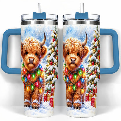 #pl[40oz|Blue] Highland Cow Lights 40oz Tumbler with Handle, Christmas Travel Cup