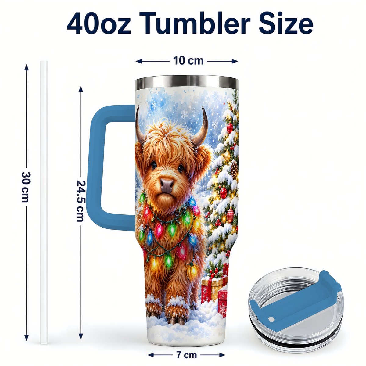 #pl[40oz|Blue] Highland Cow Lights 40oz Tumbler with Handle, Christmas Travel Cup