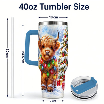 #pl[40oz|Blue] Highland Cow Lights 40oz Tumbler with Handle, Christmas Travel Cup