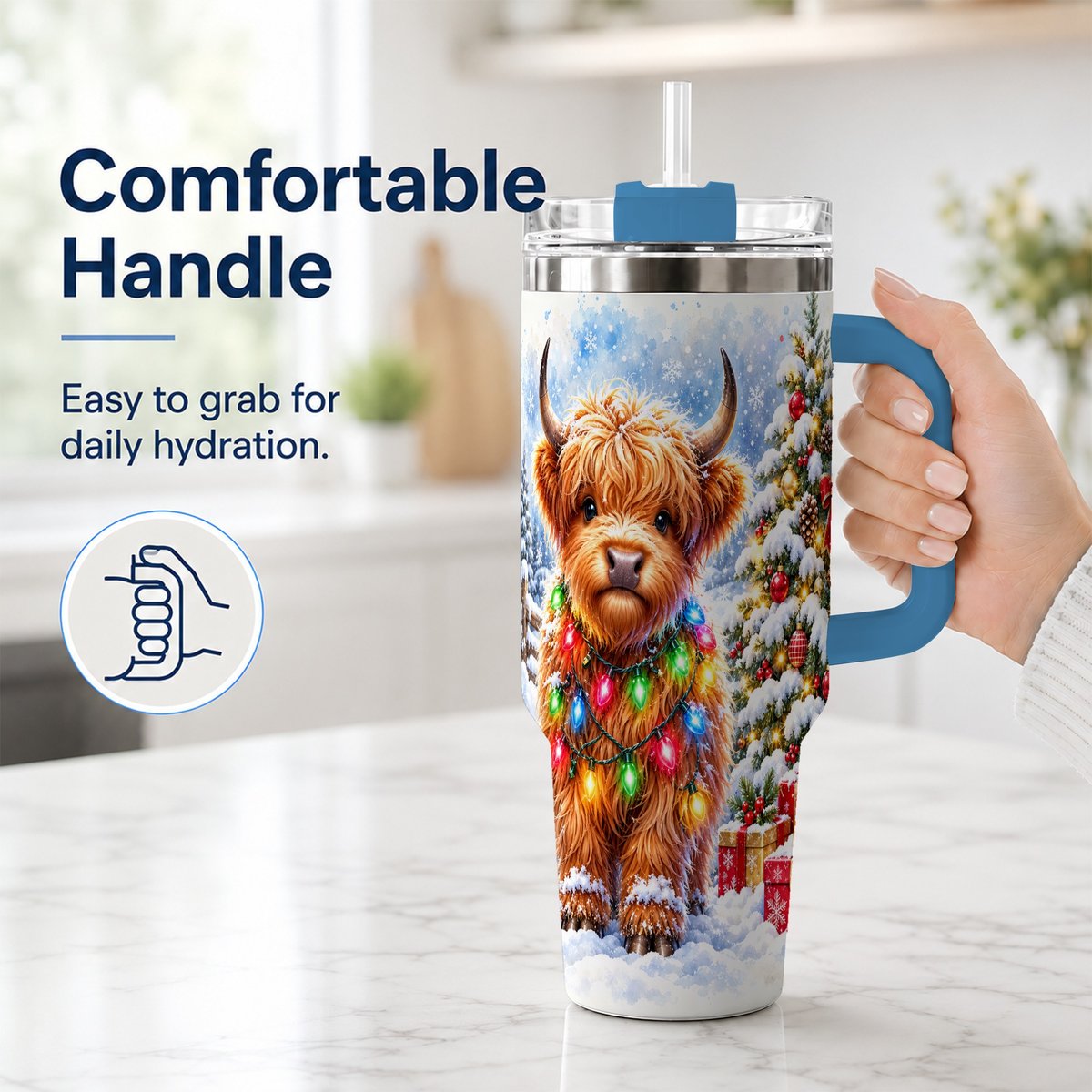 #pl[40oz|Blue] Highland Cow Lights 40oz Tumbler with Handle, Christmas Travel Cup