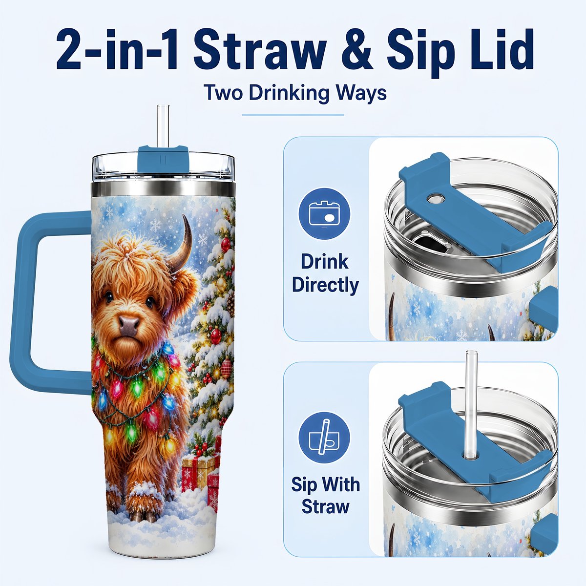 #pl[40oz|Blue] Highland Cow Lights 40oz Tumbler with Handle, Christmas Travel Cup