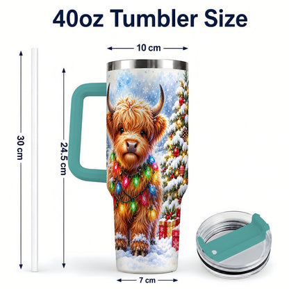 #pl[40oz|Green] Highland Cow Lights 40oz Tumbler with Handle, Christmas Travel Cup