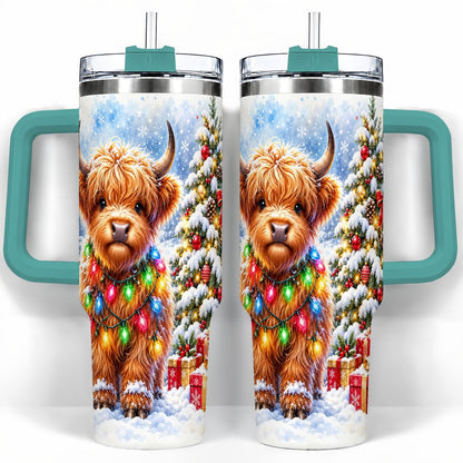 #pl[40oz|Green] Highland Cow Lights 40oz Tumbler with Handle, Christmas Travel Cup