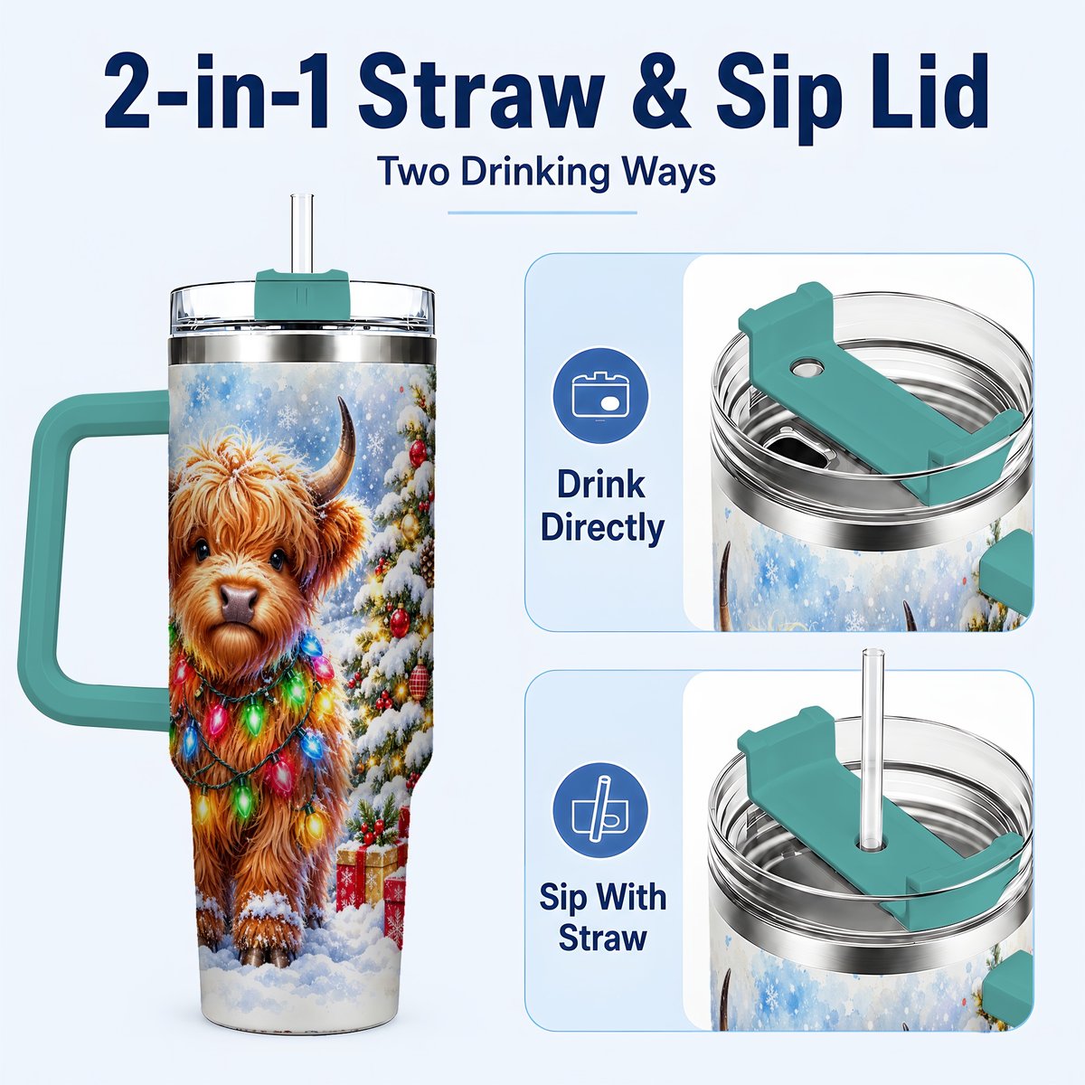 #pl[40oz|Green] Highland Cow Lights 40oz Tumbler with Handle, Christmas Travel Cup