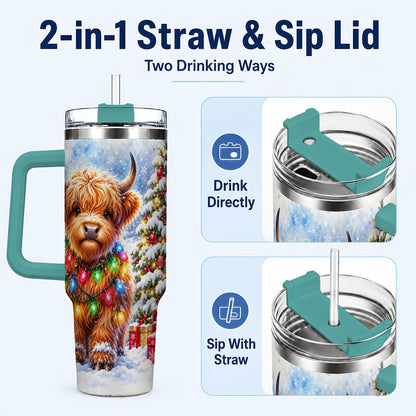 #pl[40oz|Green] Highland Cow Lights 40oz Tumbler with Handle, Christmas Travel Cup