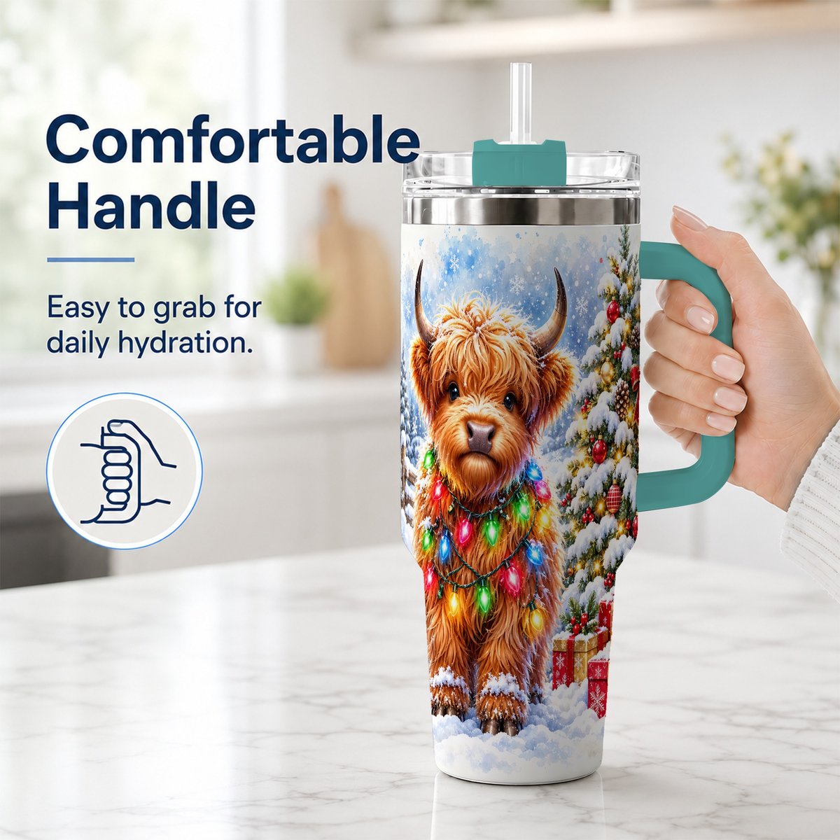 #pl[40oz|Green] Highland Cow Lights 40oz Tumbler with Handle, Christmas Travel Cup