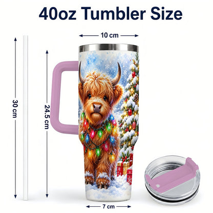 #pl[40oz|Pink] Highland Cow Lights 40oz Tumbler with Handle, Christmas Travel Cup
