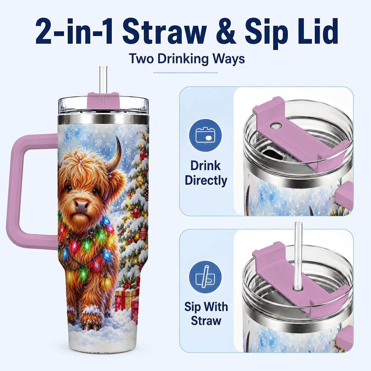 #pl[40oz|Pink] Highland Cow Lights 40oz Tumbler with Handle, Christmas Travel Cup