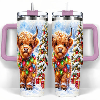#pl[40oz|Pink] Highland Cow Lights 40oz Tumbler with Handle, Christmas Travel Cup