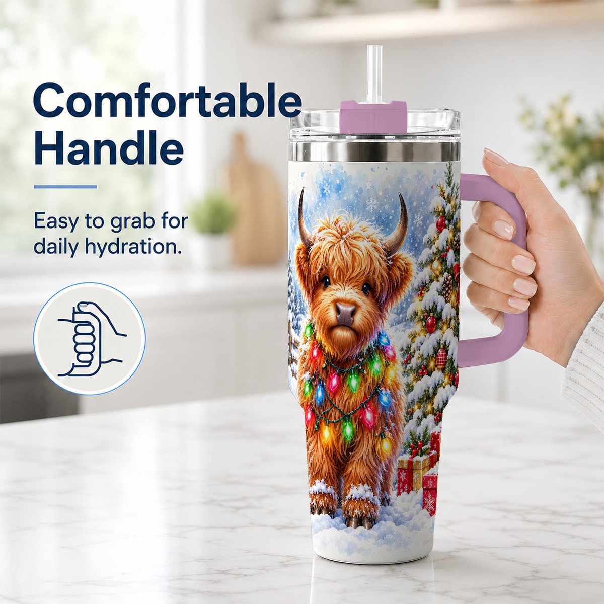 #pl[40oz|Pink] Highland Cow Lights 40oz Tumbler with Handle, Christmas Travel Cup
