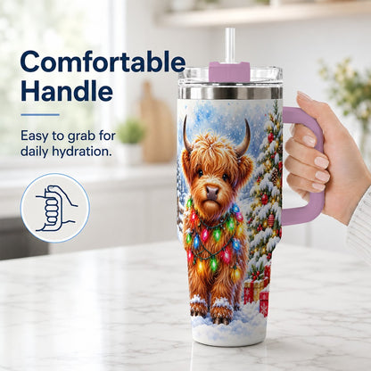#pl[40oz|Pink] Highland Cow Lights 40oz Tumbler with Handle, Christmas Travel Cup