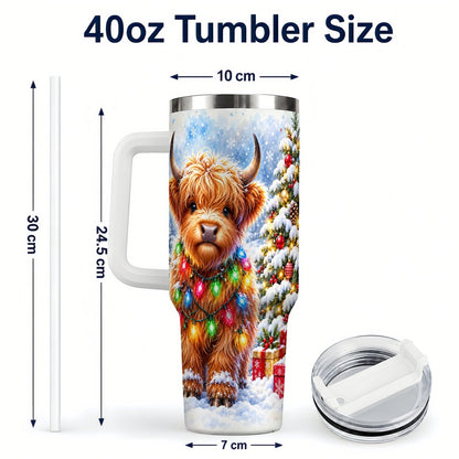 #pl[40oz|White] Highland Cow Lights 40oz Tumbler with Handle, Christmas Travel Cup