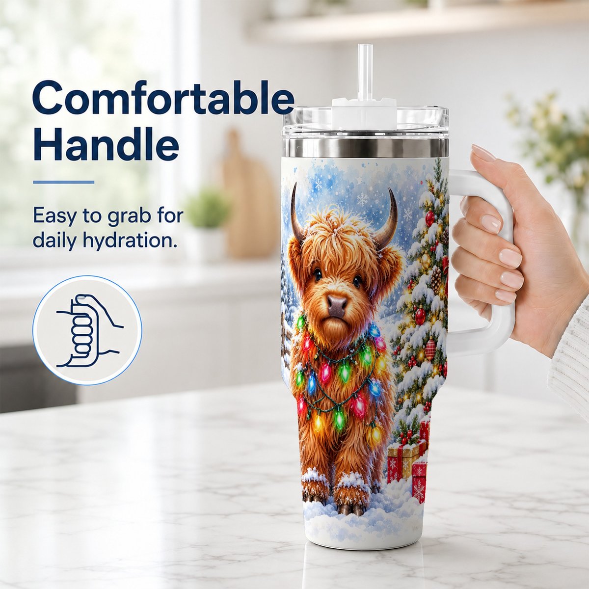 #pl[40oz|White] Highland Cow Lights 40oz Tumbler with Handle, Christmas Travel Cup