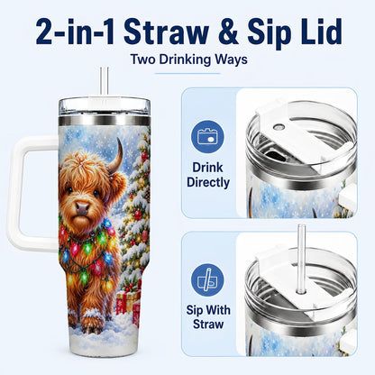 #pl[40oz|White] Highland Cow Lights 40oz Tumbler with Handle, Christmas Travel Cup
