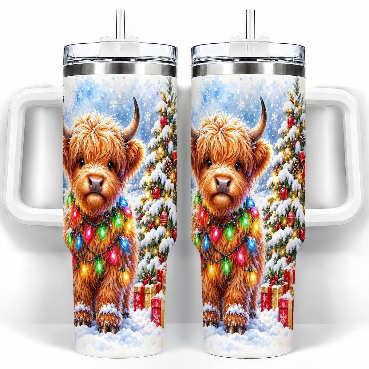 Highland Cow Lights 40oz Tumbler with Handle, Christmas Travel Cup