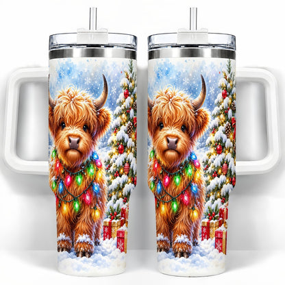 Highland Cow Lights 40oz Tumbler with Handle, Christmas Travel Cup