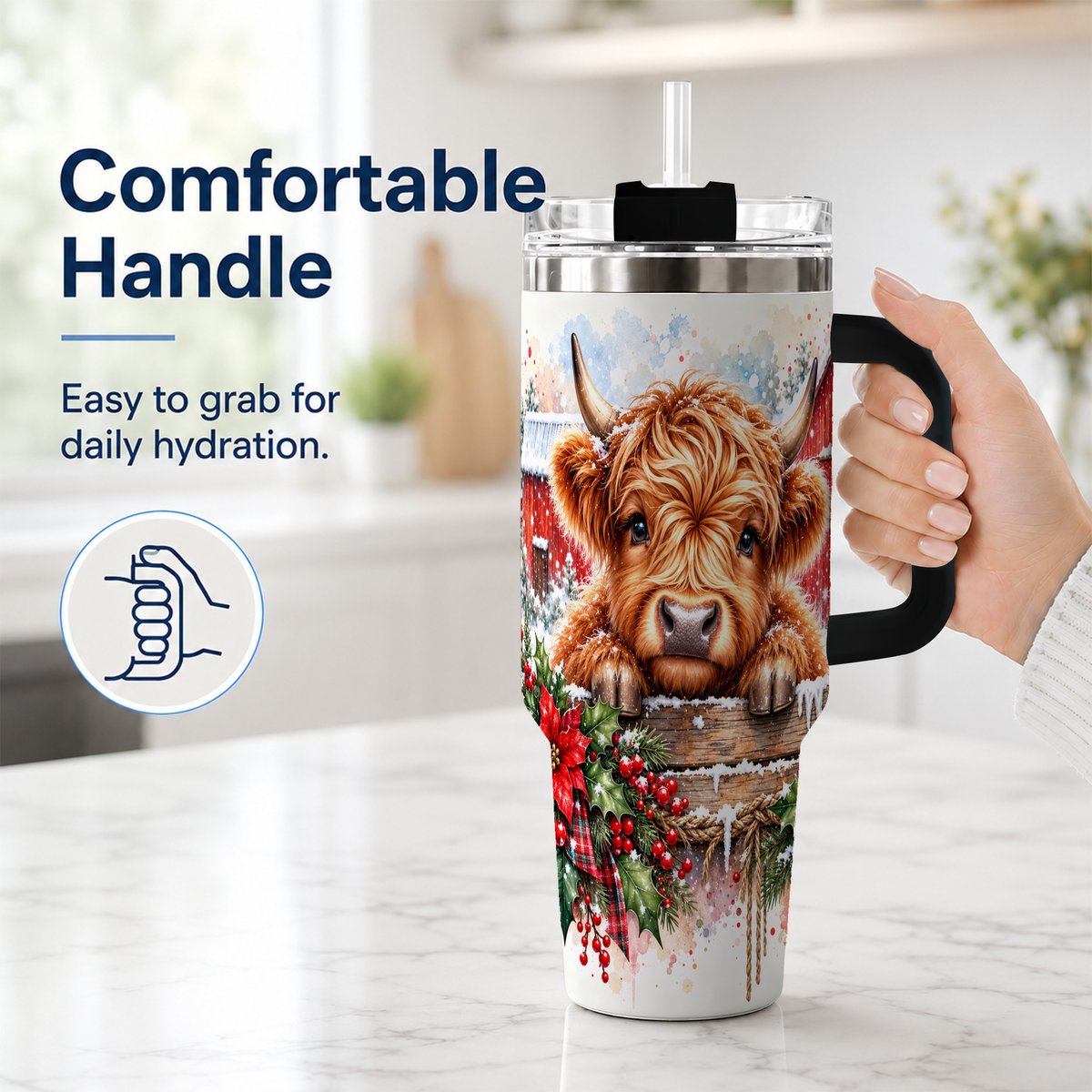 #pl[40oz|Black] Highland Cow Barn 40oz Tumbler with Handle, Christmas Travel Cup