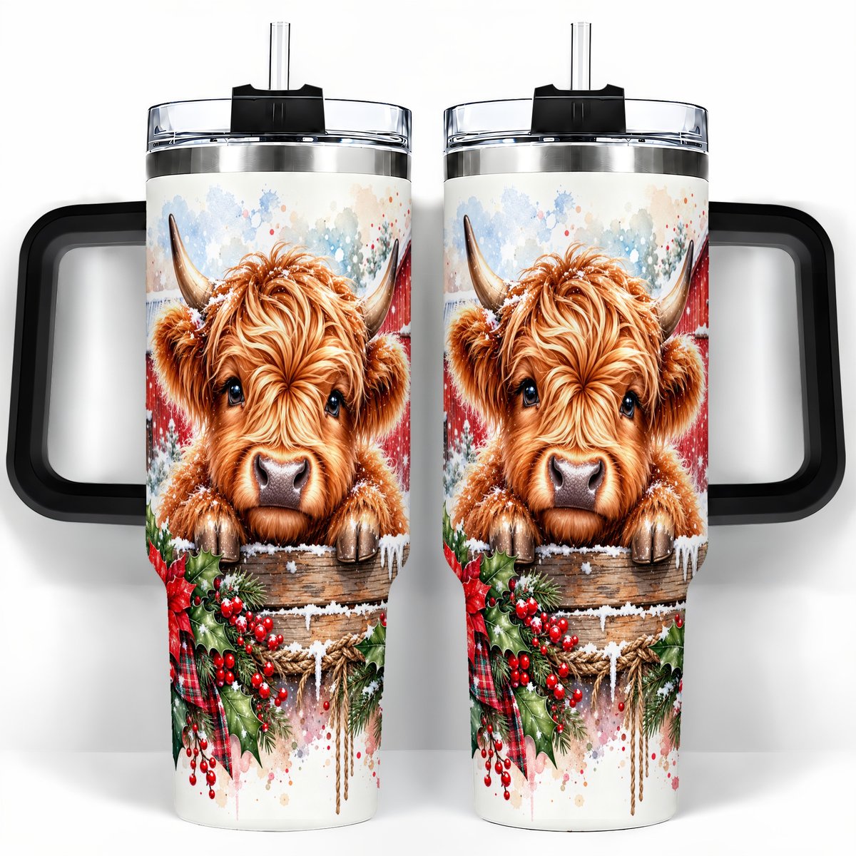 #pl[40oz|Black] Highland Cow Barn 40oz Tumbler with Handle, Christmas Travel Cup