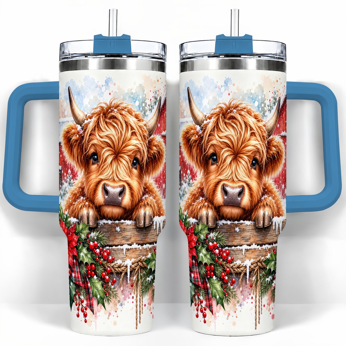 #pl[40oz|Blue] Highland Cow Barn 40oz Tumbler with Handle, Christmas Travel Cup