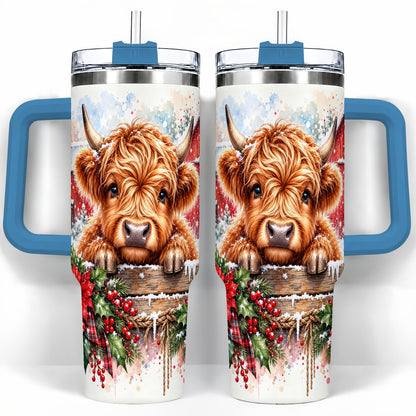 #pl[40oz|Blue] Highland Cow Barn 40oz Tumbler with Handle, Christmas Travel Cup