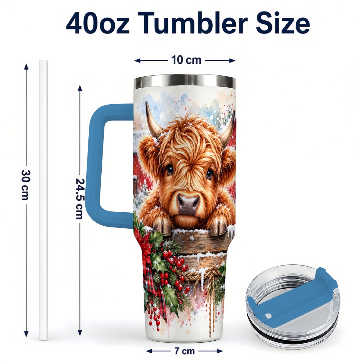#pl[40oz|Blue] Highland Cow Barn 40oz Tumbler with Handle, Christmas Travel Cup